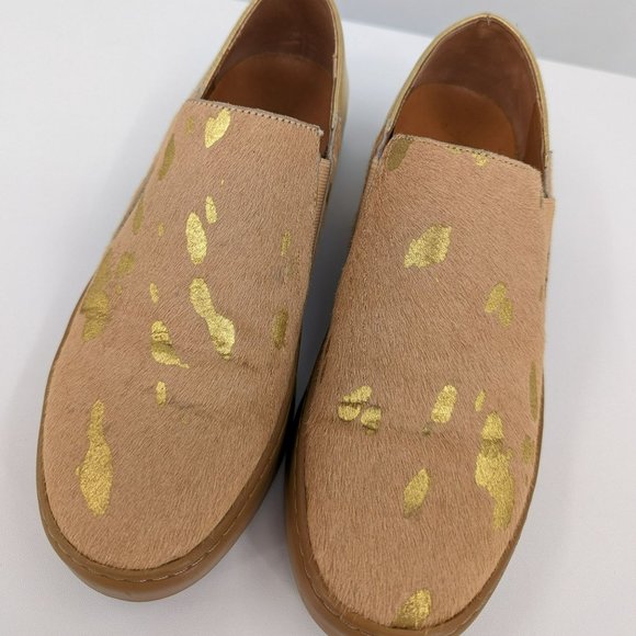 Free People Varsity Sneakers 8 Metallic Gold Calf Hair Leather Slip Ons Comfort - Picture 5 of 13